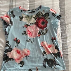 SHEIN Floral Print Short Sleeve Top - Blue and Pink